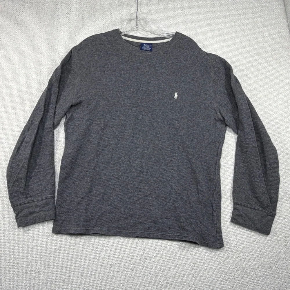 Polo Ralph Lauren Mens Waffle Knit Thermal Long Sleeve Shirt Charcoal Grey Logo